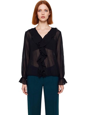 Ersefa Kadın Şifon Bluz Kırışık Görünümlü V Yaka Fırfırlı Uzun Kollu Zarif Gömlek Stili Dayanıklı