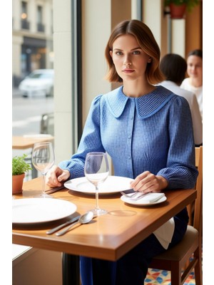 FRM Kadın Kareli Desenli Bebe Yaka Uzun Kollu Bele Oturan Gömlek Fonksiyonel Dayanıklı Estetik