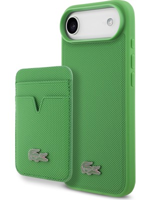 iPhone 17 Air Kılıf Lacoste Lisanslı M-Safeli Pu Pike Desenli Metal Logolu Kartlıklı Kapak Yeşil