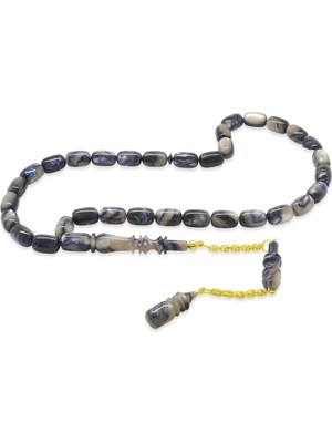 Tesbihane Altın Renk 925 Ayar Gümüş Püsküllü Imamesı Usta Işçilikli Kapsül Kesim Mavi Beyaz Katalin Tesbih