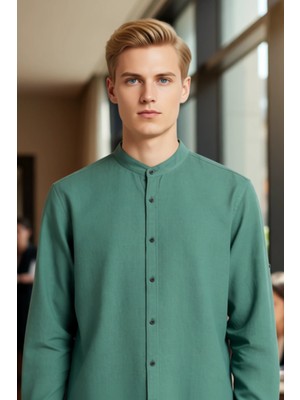 FRM Erkek Düz Desen Hakim Yaka Slim Fit Pamuklu Keten Görünümlü Konforlu Uzun Kollu Gömlek Şık