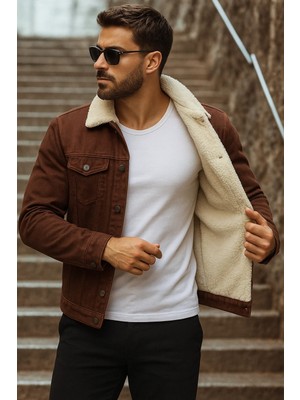 Comstar Erkek Kışlık Trend Içi Kürk Peluş Kahve Kot Ceket
