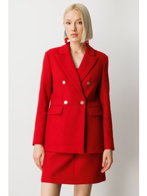 Ekol Kadın Kruvaze Yaka Kaşe Ceket 5069 Kırmızı