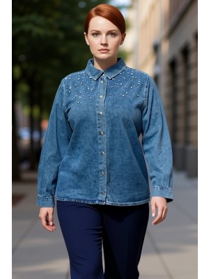 PayBuy Kadın Büyük Beden Taş Işlemeli Denim Gömlek Zamansız ve Konforu Birleştiriyor Fonksiyonel Şık