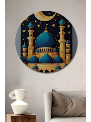 Teona Ahşap Altın Hilalli Gece Manzarası Ahşap Dekoratif Tablo Yuvarlak Tablo