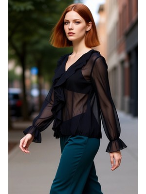 PayBuy Kadın Kırışık Görünümlü Şifon Bluz V Yaka Uzun Kollu Günlük Şık Gömlek Tasarımı Fonksiyonel