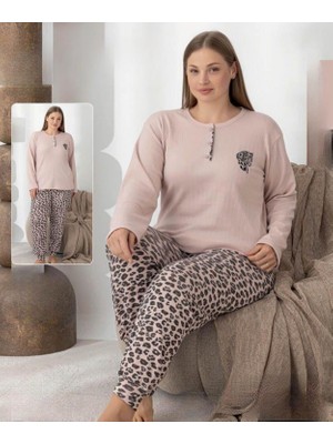 Lindros Kadın Pamuk'lu Düğme Yaka Raporlu Interlok Kışlık Battal Pijama Takımı 0251 - 1 Adet