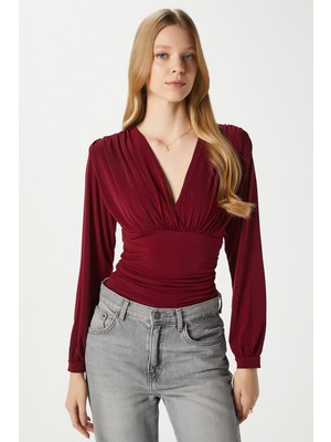 Ritnice Kadın Sante V Yaka Bordo Yumuşak Sandy Bluz