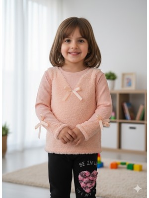 Şimo Butik Bayramlık Kışlık Fuzzy/peluş Gövdeli Fitilli Kollu Süveter Görünümlü Kız Çocuk Sweat Bluz