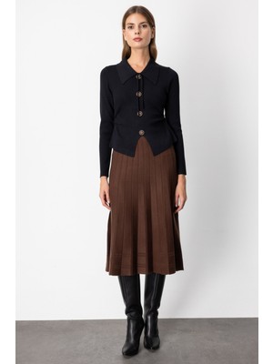 On Kadın Pileli Midi Boy Triko Etek 60201 Kahverengi