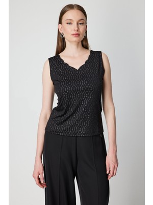 On Kadın Dilim Yaka Simli Bluz 61389 Siyah