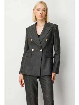 Ekol Kadın Kruvaze Yaka Çizgi Desenli Ceket 5107 Siyah