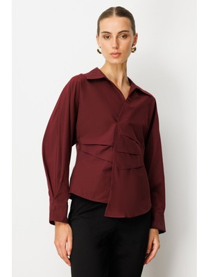 Ekol Kadın Önü Drapeli Kruvaze Gömlek 3043 Bordo