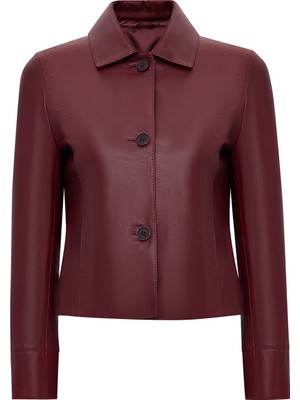 Derimod Beatrix Kadın Bordo Gömlek Yaka Kısa Deri Ceket 25WGE561347