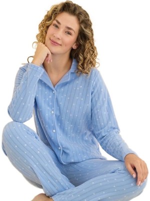 Bipamuk  Cozy Polar Kumaş Düğmeli Kışlık Kadın Pijama Takımı S/2xl Yumuşak Tam Kalıp Ev Giyim