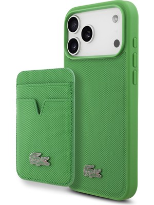 iPhone 17 Pro Max Kılıf Lacoste Lisanslı M-Safeli Pu Pike Desenli Metal Logo Kartlıklı Kapak Yeşil