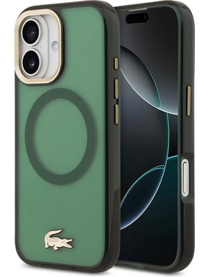 iPhone 17 Kılıf Lacoste Orjinal Lisanslı M-Safe Şarj Özellikli Gold Timsah Logolu Buzlu Kapak Yeşil