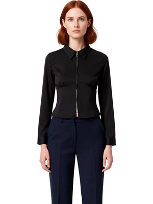 Ersefa Kadın Uzun Kollu Gömlek Yaka Fermuarlı Düz Dokuma Bluz Şık ve Konforlu Tasarım Ofis Modern