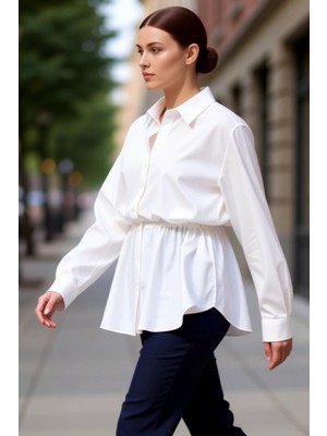 PayBuy Kadın Büzgülü Bel Detaylı Uzun Kollu Dokuma Gömlek Büyük Beden Şık ve Rahat Günlük Kullanım