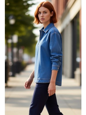 PayBuy Kadın Oversize Kesim Fermuar Detaylı Uzun Kollu Düz Renk Denim Gömlek Günlük Stilin Anahtarı