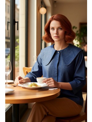 FRM Kadin Denim Gömlek Bebek Yaka Regular Kesim Fonksiyonel Dayanıklı Kaliteli Konforlu Modern