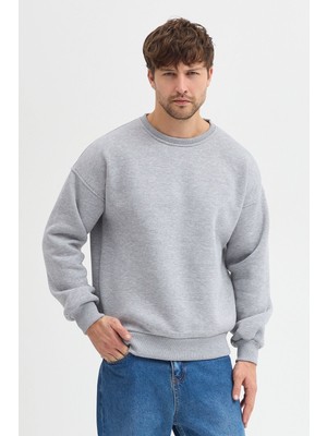 Sparrow Gri Bisiklet Yaka Erkek Oversize Sweatshirt Pamuklu Basic 3 Iplik Şardonlu