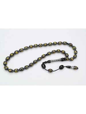 Oltu Taşı ve Sarı Galalith Çeşmi Damla Işleme Tespih