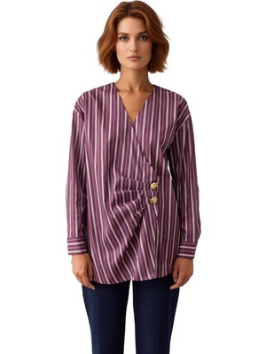 Ersefa Kadın Lila Çizgili Kruvaze Detaylı Gömlek Fonksiyonel Dayanıklı Kaliteli Konforlu Estetik Şık