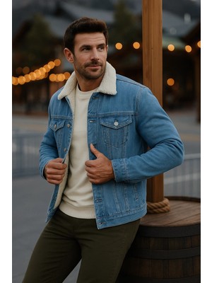 Comstar Erkek Kışlık Kalın Günlük Içi Kürk A.mavi Kot Ceket