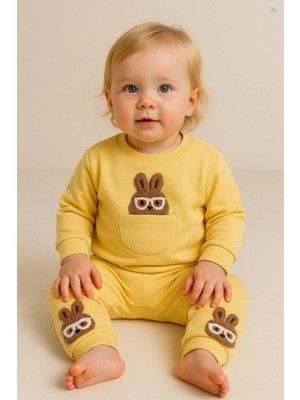 Dinamik çocuk Kız Bebek Gözlüklü Şirin Tavşan Nakışlı Uzun Kollu 2li Alt Üst Bebek Takımı %100 Pamuklu 6-9-12-18AY