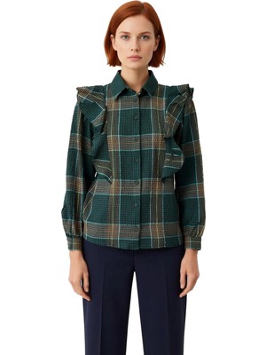 Ersefa Kadın Dokulu Ekose Desenli Fırfır Detaylı Gömlek Fonksiyonel Dayanıklı Kaliteli Konforlu Şık