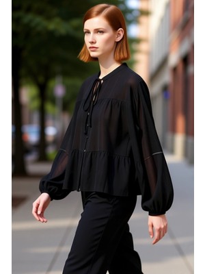 PayBuy Kadın Bağlamalı V Yaka Uzun Kollu Dokuma Bluz Rahat Kesim Dokulu Kumaş Günlük Stil Estetik