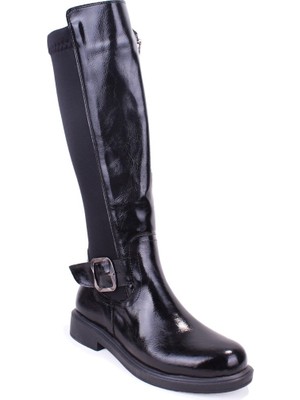 Dagoster DZA07-8965545 Siyah Kırışık Rugan Streçli Düz Topuklu  Kadın Çizme