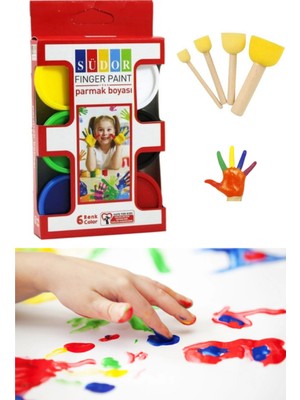 Glanart 6X30 ml Parmak Boyası ve Popon Fırça Seti Südor (Kolay Yıkanabilir)