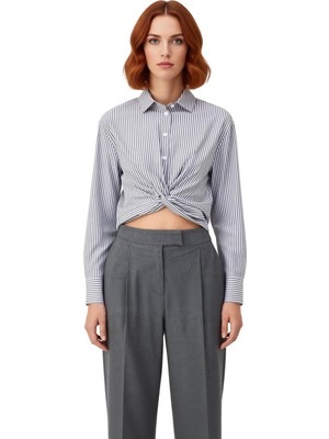 Ersefa Kadın Çizgili Düğüm Detaylı Crop Gömlek Antrasit Fonksiyonel Dayanıklı Kaliteli Konforlu Şık