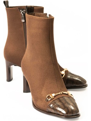 Mubiano Kadın Süet Bot Tokalı Kroko Detaylı Topuklu Fermuarlı Kahve Lureva