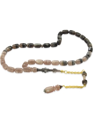 Tesbihane Altın Renk 925 Ayar Gümüş Püsküllü Imame Usta Işçilikli Kapsül Kesim Süzme Bej Siyah Katalin Tesbih