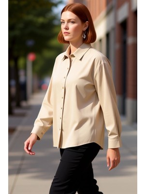 PayBuy Büyük Beden Kadın Rahat Kesim Uzun Kollu Dokuma Kumaş Düz Desenli Temel Gömlek ve Konforu Şık