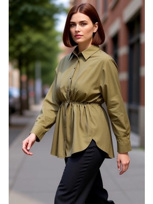 PayBuy Kadın Büzgülü Bel Detaylı Uzun Kollu Dokuma Gömlek Büyük Beden Şık ve Rahat Günlük Kullanım