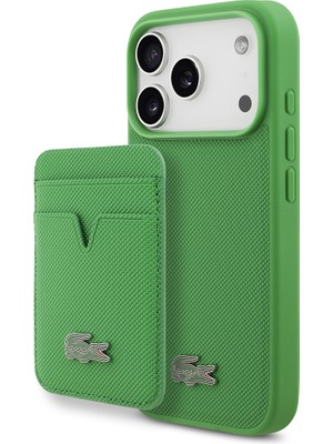 iPhone 17 Pro Kılıf Lacoste Lisanslı M-Safeli Pu Pike Desenli Metal Logolu Kartlıklı Kapak Yeşil