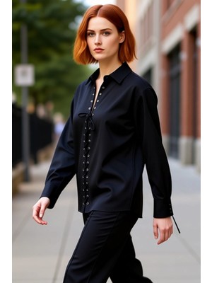 PayBuy Kadın Oversize Gömlek Yaka Bağcık Detaylı Pamuk Polyester Karışımı Uzun Kollu Dokuma Gömlek