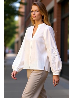 PayBuy Kadın Pamuklu Oversize Kesim Hakim Yaka Balon Kol Detaylı Şık Gömlek Fonksiyonel Dayanıklı