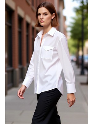 PayBuy Kadın Klasik Kesim Düz Renk Uzun Kollu Cep Detaylı Dokuma Gömlek Günlük Şıklık Sunar Rahat