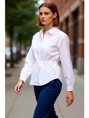PayBuy Kadın Bel Detaylı Düz Kesim Uzun Kollu Poplin Gömlek Günlük Şıklık ve Konfor Bir Arada Şık