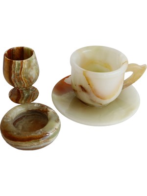 Taru Pasaj Oniks Doğal Taş Fincan, Kadeh ve Kül Tablası Seti – El Yapımı Şık Masa Dekoru | Hediyelik Oniks Taş Takım