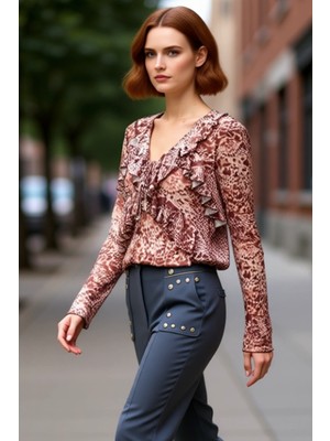 PayBuy V Yaka Ispanyol Kol Detaylı Tül Esnek Örme Kadın Bluz Kaliteli Şık Rahat Modern Zarif Günlük