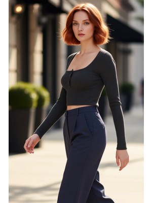 PayBuy Kadın Fitted Kare Yaka Yarım Pat Düğmeli Uzun Kollu Crop Örme Bluz Kış Sezonu Için Modern ve Şık