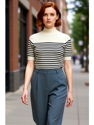 PayBuy Kadın Fitted Dik Yaka Kısa Kollu Basic Triko Bluz Ekru Merserize Görünümlü Ince Nefes Alabilir