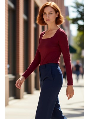 PayBuy Kadın Gri Kare Yaka Fitted Uzun Kollu Pamuklu Bluz Günlük Kullanım Için Cool & Comfort Özellikli