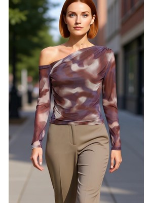 PayBuy Kadın Gri Astarlı Tül Bluz Asimetrik Yaka Fitted Kalıp Uzun Kollu Regular Boy Yeni Sezon Modası